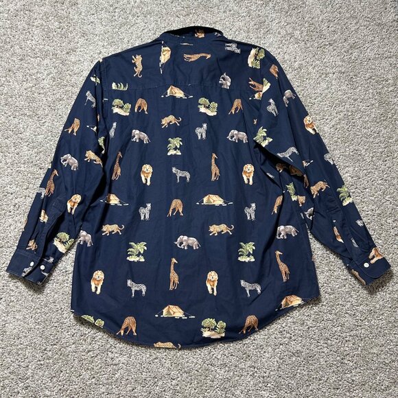 Maus & Hoffman Mens XL Long Sleeve Safari Print Button-Up Shirt 100% Cotton Navy - Picture 8 of 8